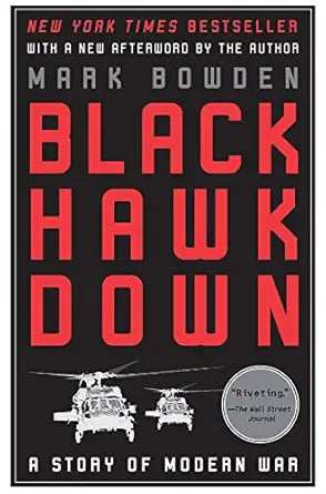 Book cover of 'Black Hawk Down' with red text and helicopter illustration on black background