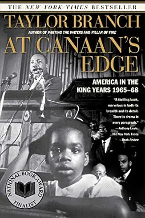 Book cover of 'At Canaan's Edge' by Taylor Branch with a black and white photo of a young boy and a speaker.