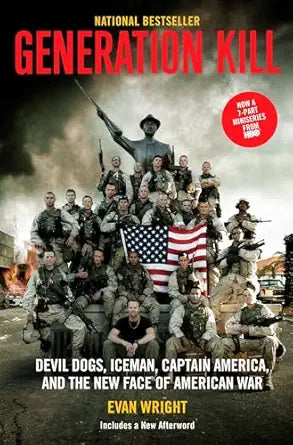 Book cover of 'Generation Kill' with soldiers and American flag