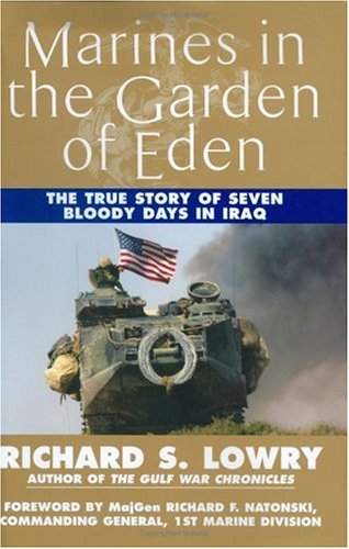 Book cover of 'Marines in the Garden of Eden' with a tank and American flag on a beige background