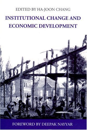 Book cover of 'Institutional Change and Economic Development' with a black and white image of people working on a construction site.