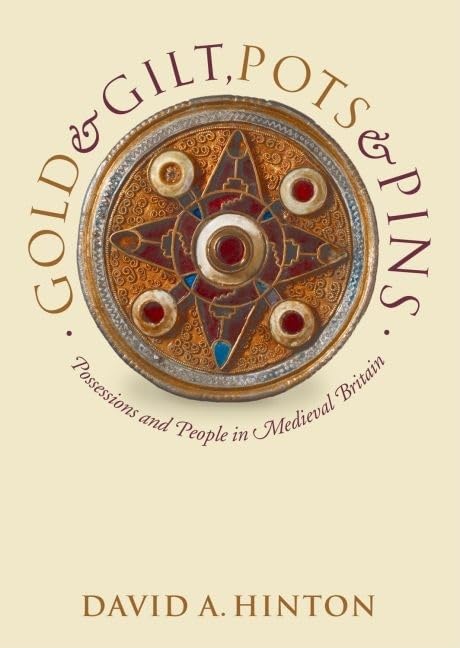 Book cover of 'Gold & Gilt, Pots & Pins' with a decorative shield design on a beige background.