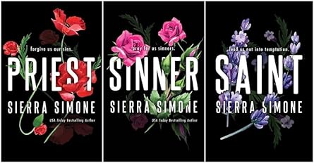 Three book covers titled 'Priest', 'Sinner', and 'Saint' by Sierra Simone, each with floral designs.