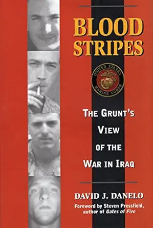 Book cover of 'Blood Stripes' with images of a man and the U.S. Marine Corps logo.