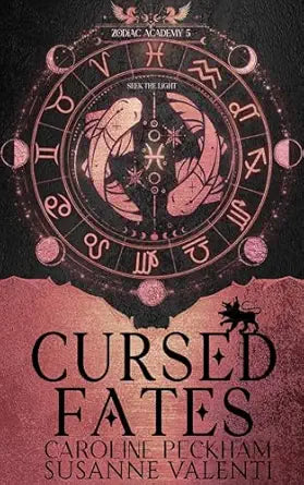 Book cover of 'Cursed Fates' with zodiac symbols and design elements.