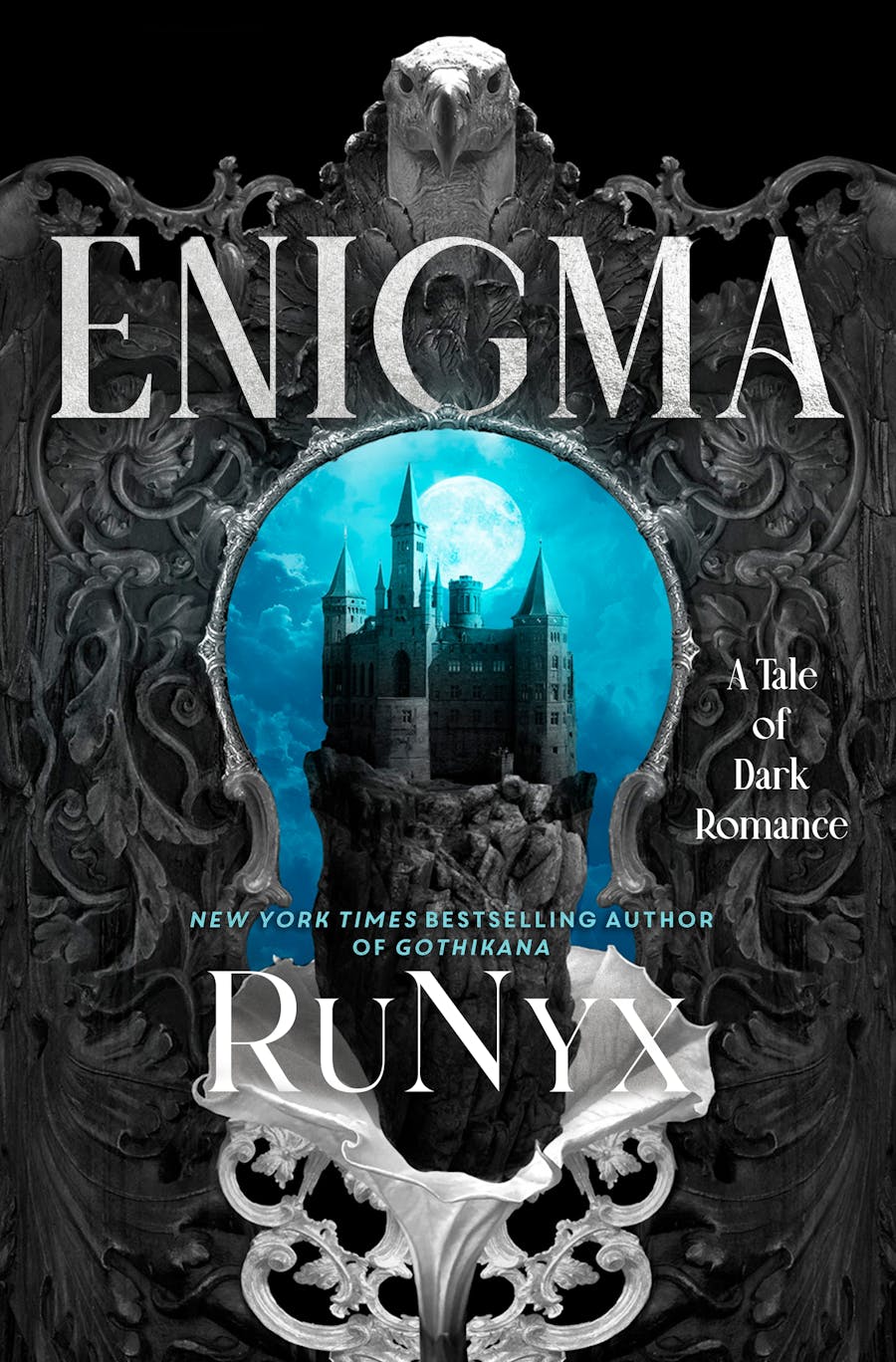 Book cover of 'Enigma' by Runyx with gothic design and castle illustration.