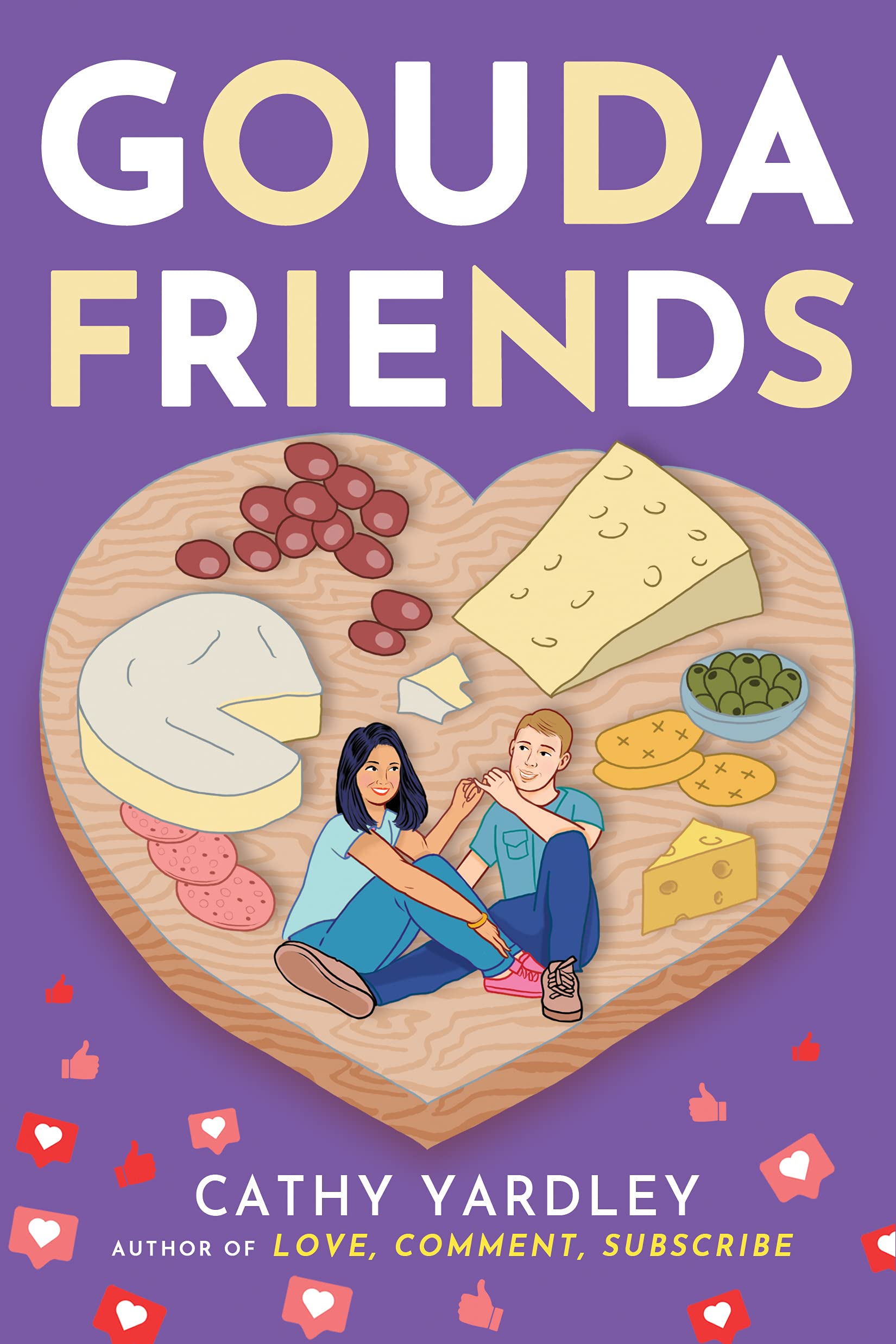 Book cover of 'Gouda Friends' with a heart-shaped cutting board featuring cheese, people, and food items on a purple background.