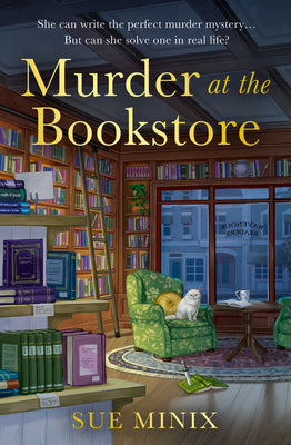 Book cover of 'Murder at the Bookstore' with a bookstore interior and cat on a chair.
