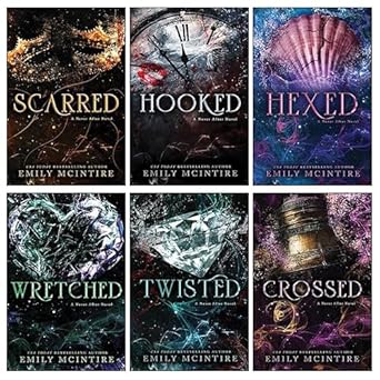 Collection of book covers by Emily McIntire with cosmic and mystical designs.