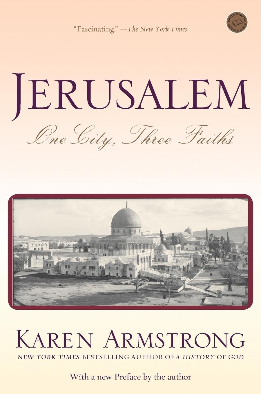 Book cover of 'Jerusalem: One City, Three Faiths' by Karen Armstrong with a black and white photo of a cityscape.