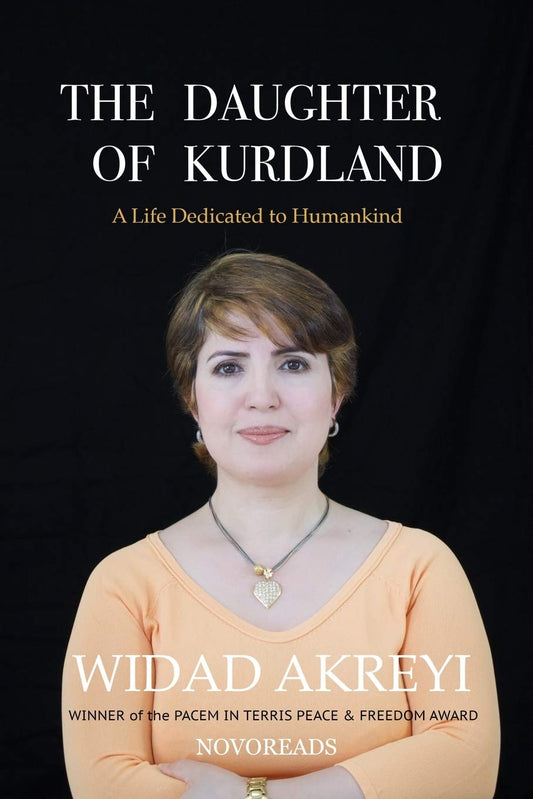 Book cover of 'The Daughter of Kurdland' featuring a woman with text about Widad Akreyi and Novoreads.