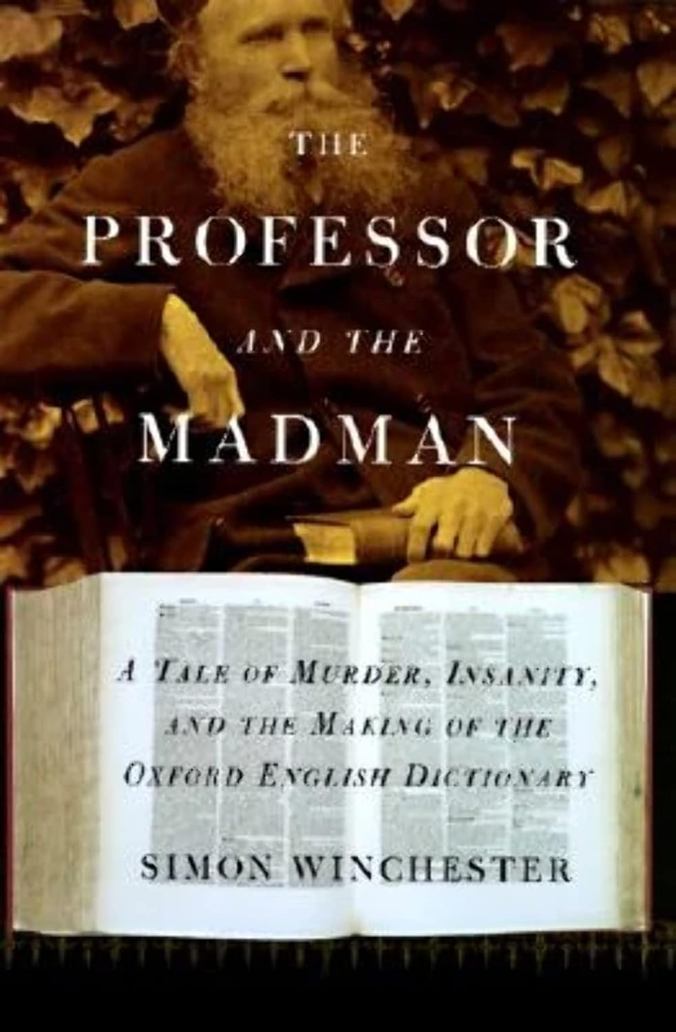 Book cover of 'The Professor and the Madman' with a man holding an open book.