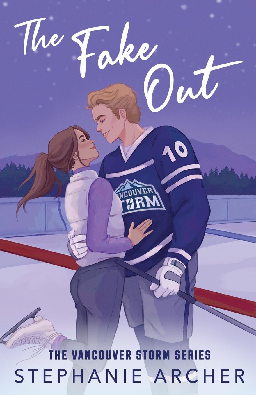 Book cover of 'The Fake Out' featuring a couple on an ice rink with a purple background.
