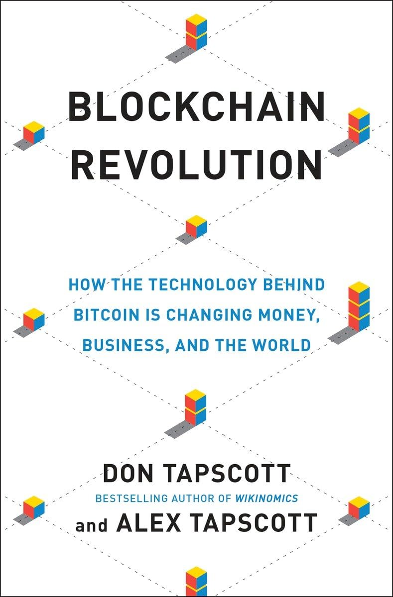 Book cover of 'Blockchain Revolution' by Don Tapscott and Alex Tapscott with colorful cube graphics on a white background.