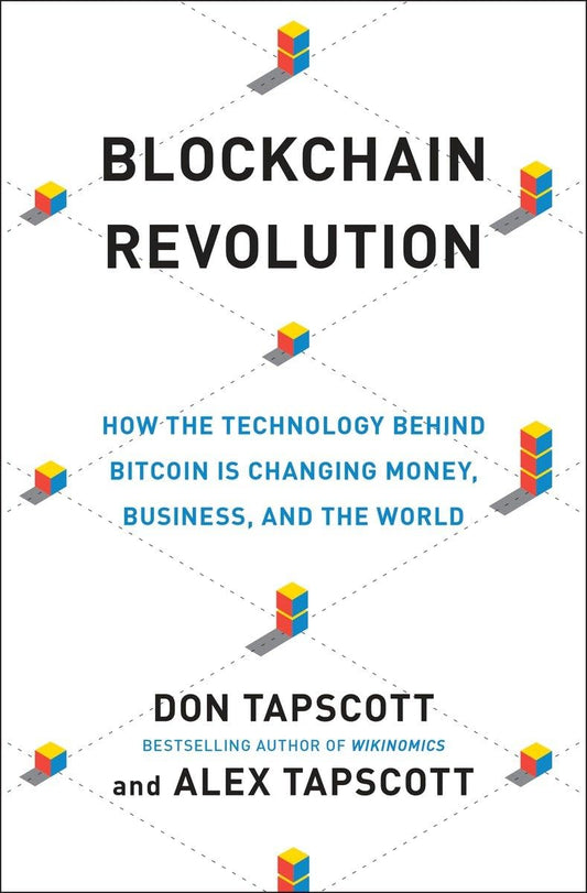 Book cover of 'Blockchain Revolution' by Don Tapscott and Alex Tapscott with colorful cube graphics on a white background.