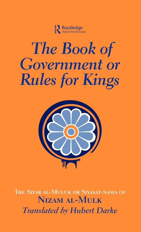 Book cover of 'The Book of Government or Rules for Kings' with a blue floral design on an orange background.