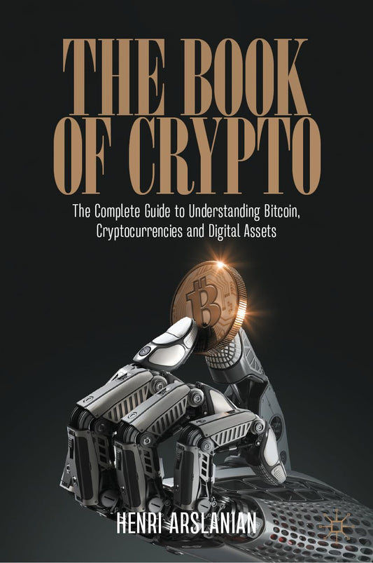 Book cover of 'The Book of Crypto' with a robot holding a Bitcoin coin on a dark background.