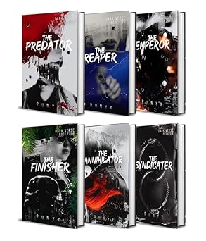 Six book covers titled 'The Predator', 'The Reaper', 'The Emperor', 'The Finisher', 'The Miniminator', and 'The Syndicate' on a white background.