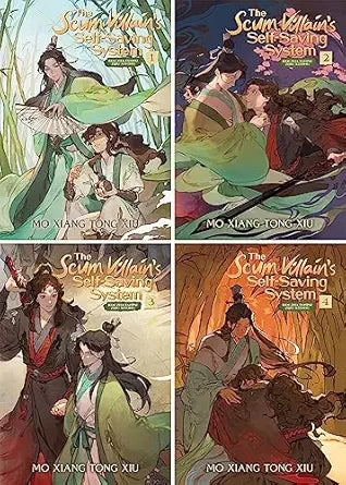 Four book covers of 'The Scum Villain's Self-Saving System' series by Mo Xiang Tong Xiu.