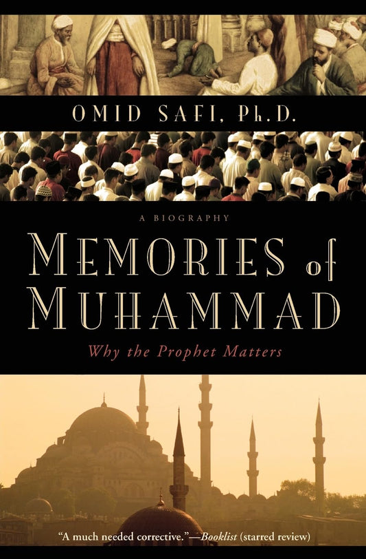 Book cover of 'Memories of Muhammad' with images of people and a mosque.