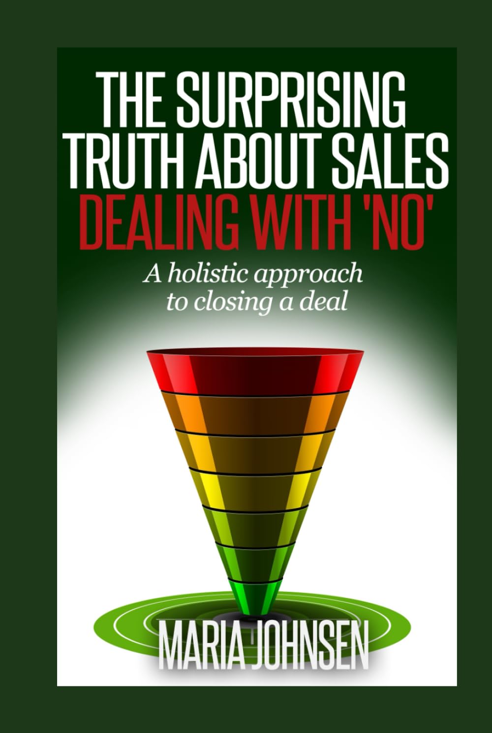 Book cover of 'The Surprising Truth About Sales: Dealing with 'No'' by Maria Johnsen with a colorful sales funnel graphic.
