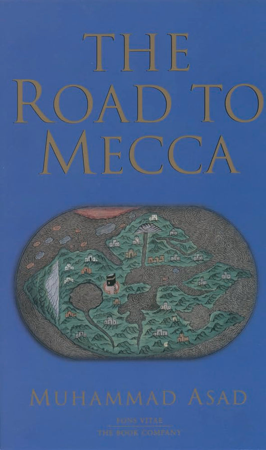 Book cover of 'The Road to Mecca' with a map illustration on a blue background