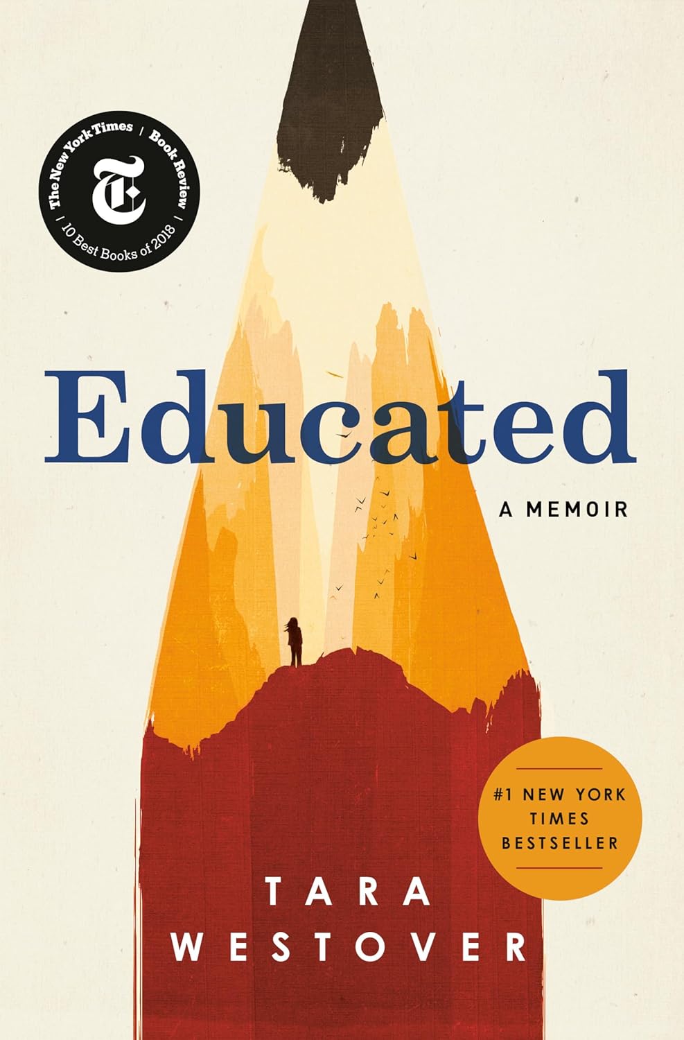 Book cover of 'Educated' by Tara Westover with a stylized illustration of a mountain and a pencil.