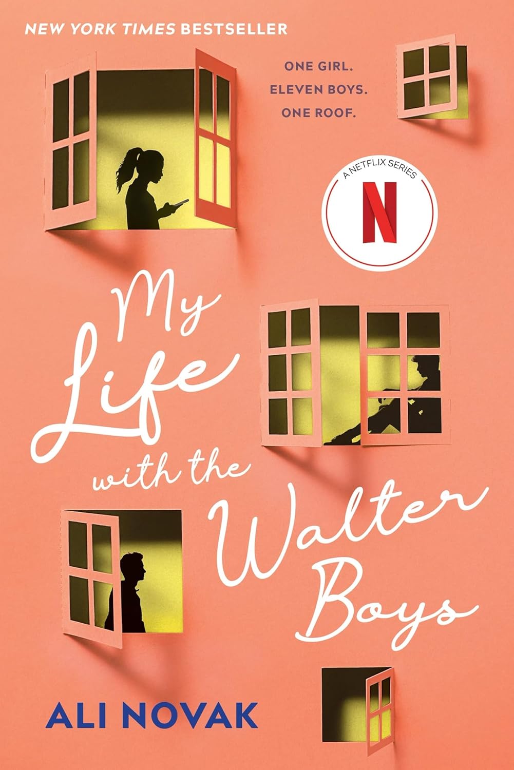 Book cover of 'My Life with the Walter Boys' by Ali Novak with a silhouette of a girl and boys through windows on a pink background.