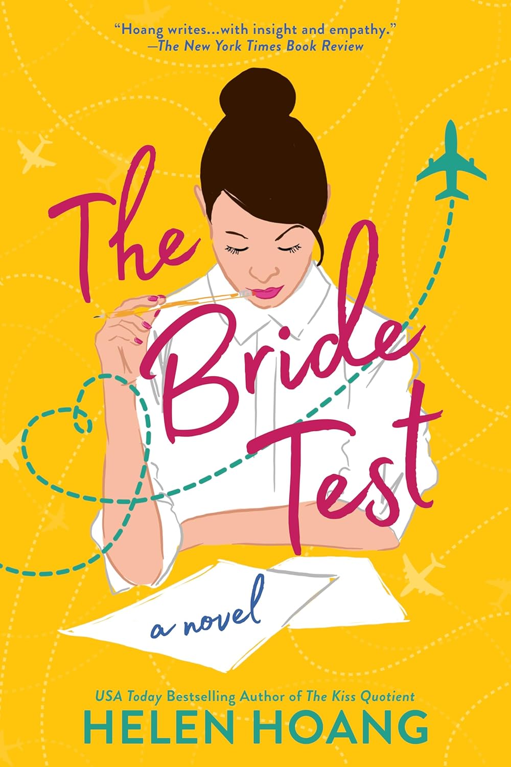 Book cover of 'The Bride Test' with a woman writing on a yellow background