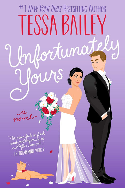 Book cover of 'Unfortunately Yours' by Tessa Bailey featuring a bride and groom on a purple background.