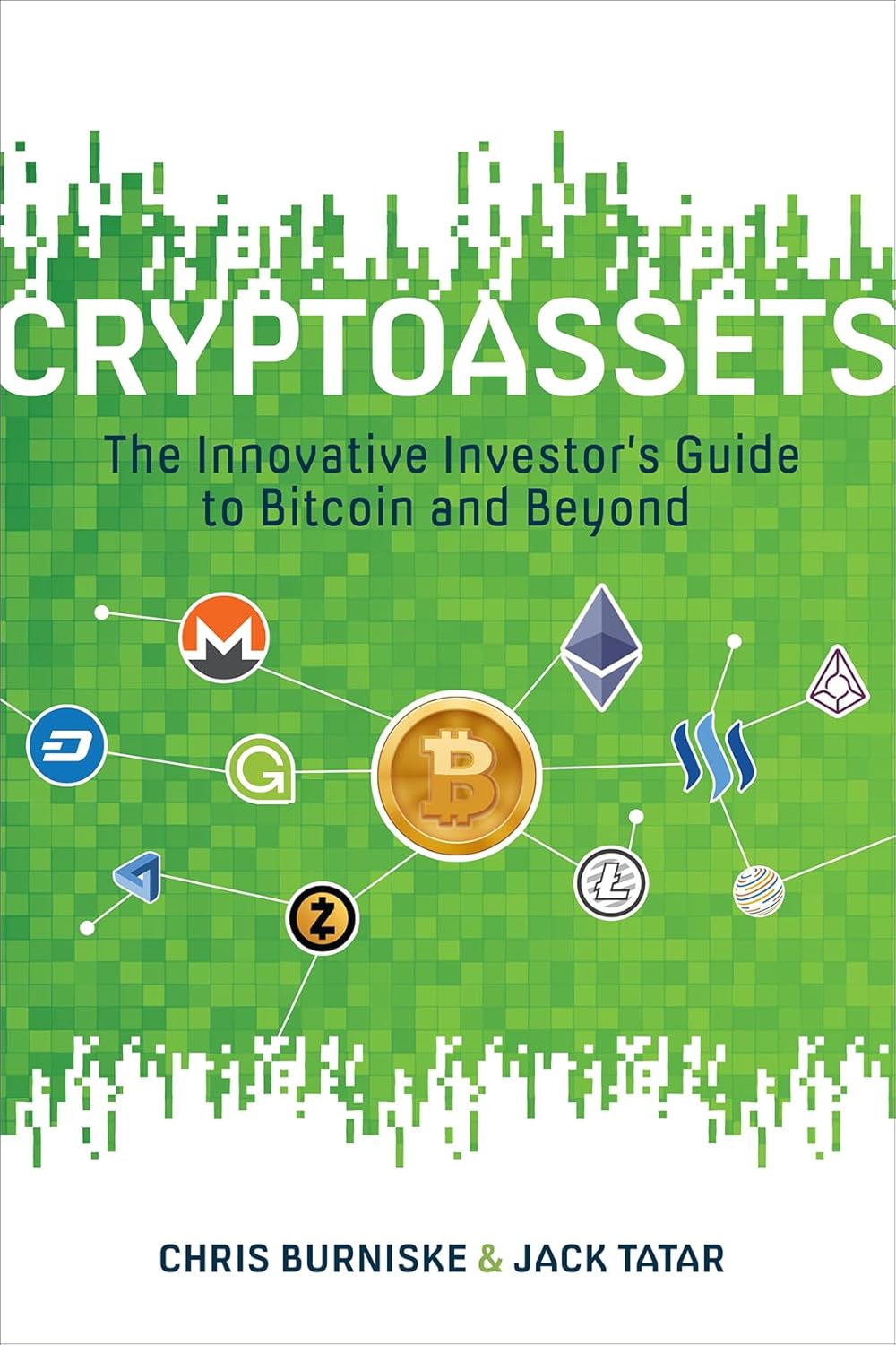 Book cover of 'Cryptoassets' with digital asset icons on a green background
