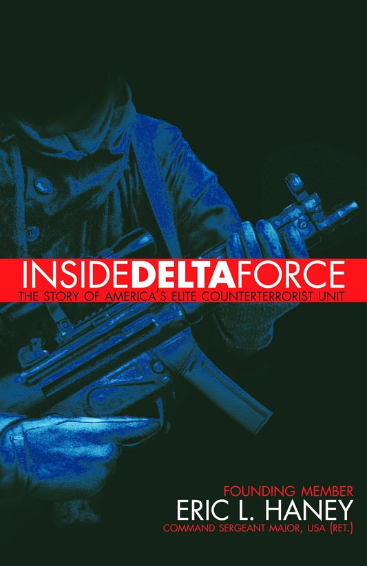 Book cover of 'Inside Delta Force' with a person holding a gun on a black background