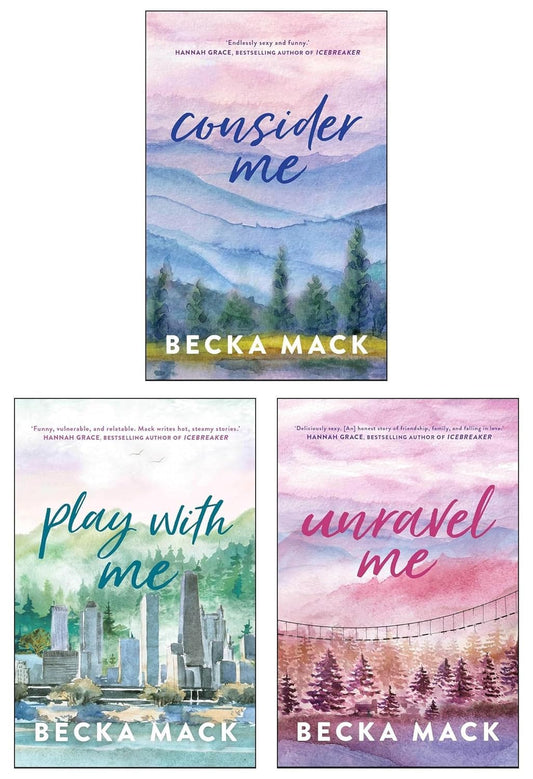 Three book covers by Becka Mack with scenic illustrations and titles.