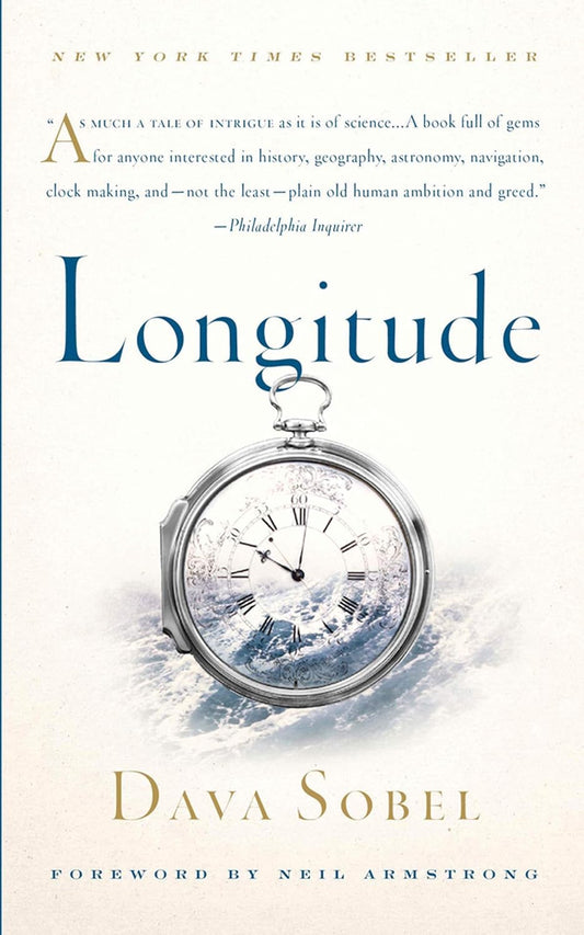 Book cover of 'Longitude' by Dava Sobel with a pocket watch and ocean wave design.