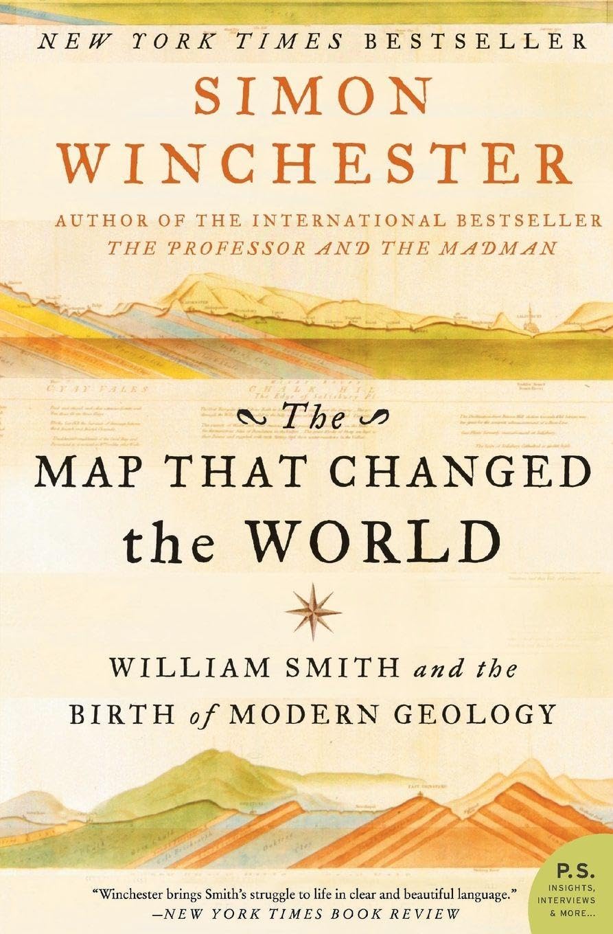 Book cover of 'The Map That Changed the World' by Simon Winchester with a mountainous landscape illustration.