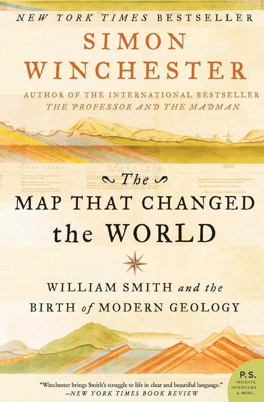 Book cover of 'The Map That Changed the World' by Simon Winchester with a mountainous landscape illustration.