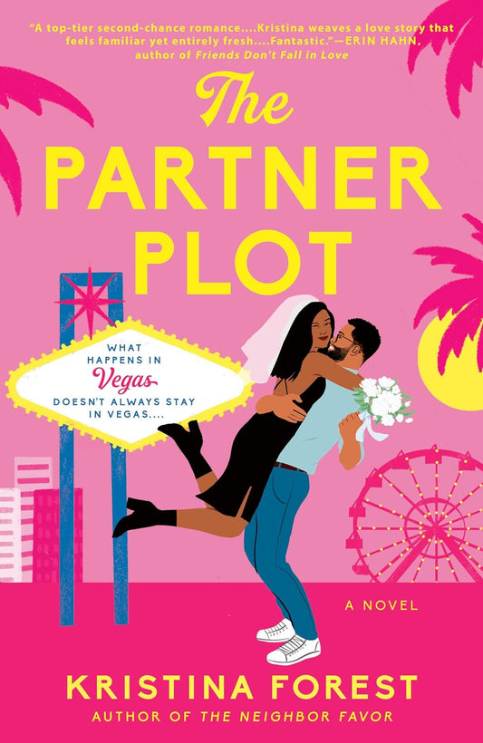 Book cover of 'The Partner Plot' with a couple embracing in front of a Las Vegas sign on a pink background.