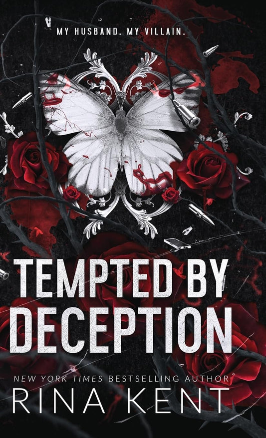 Book cover of 'Tempted by Deception' with a butterfly and roses on a dark background.