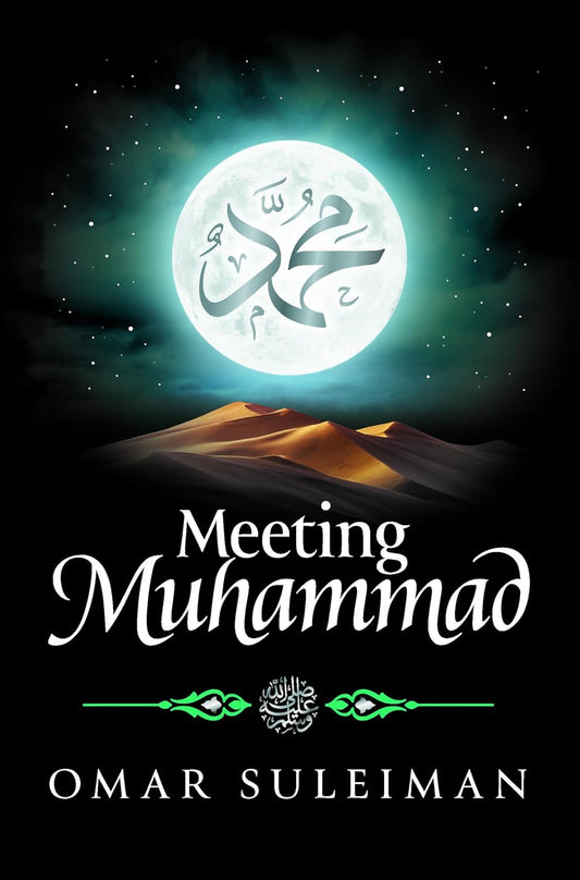 Book cover of 'Meeting Muhammad' with a moon and desert landscape