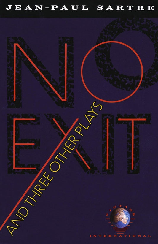 Book cover of 'No Exit and Three Other Plays' by Jean-Paul Sartre with a purple background and red text.