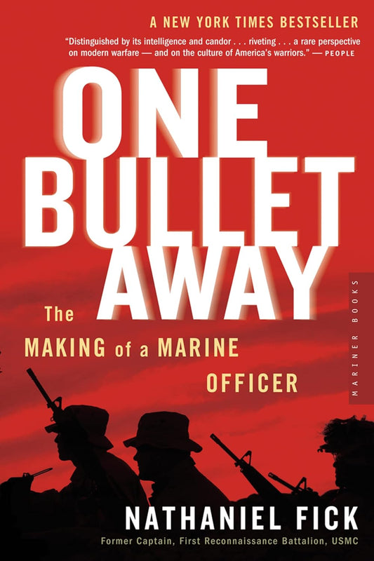 Book cover of 'One Bullet Away: The Making of a Marine Officer' with silhouettes of soldiers against a red background.