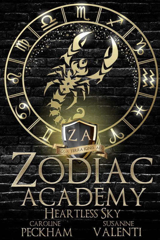 Zodiac Academy book cover with scorpion symbol and zodiac signs on a dark background