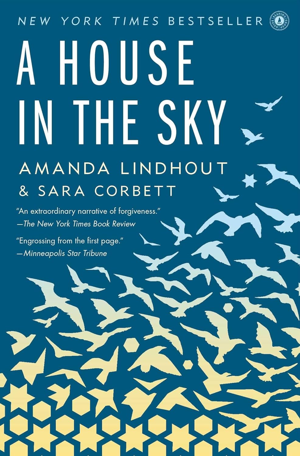 Book cover of 'A House in the Sky' with bird illustrations on a blue background