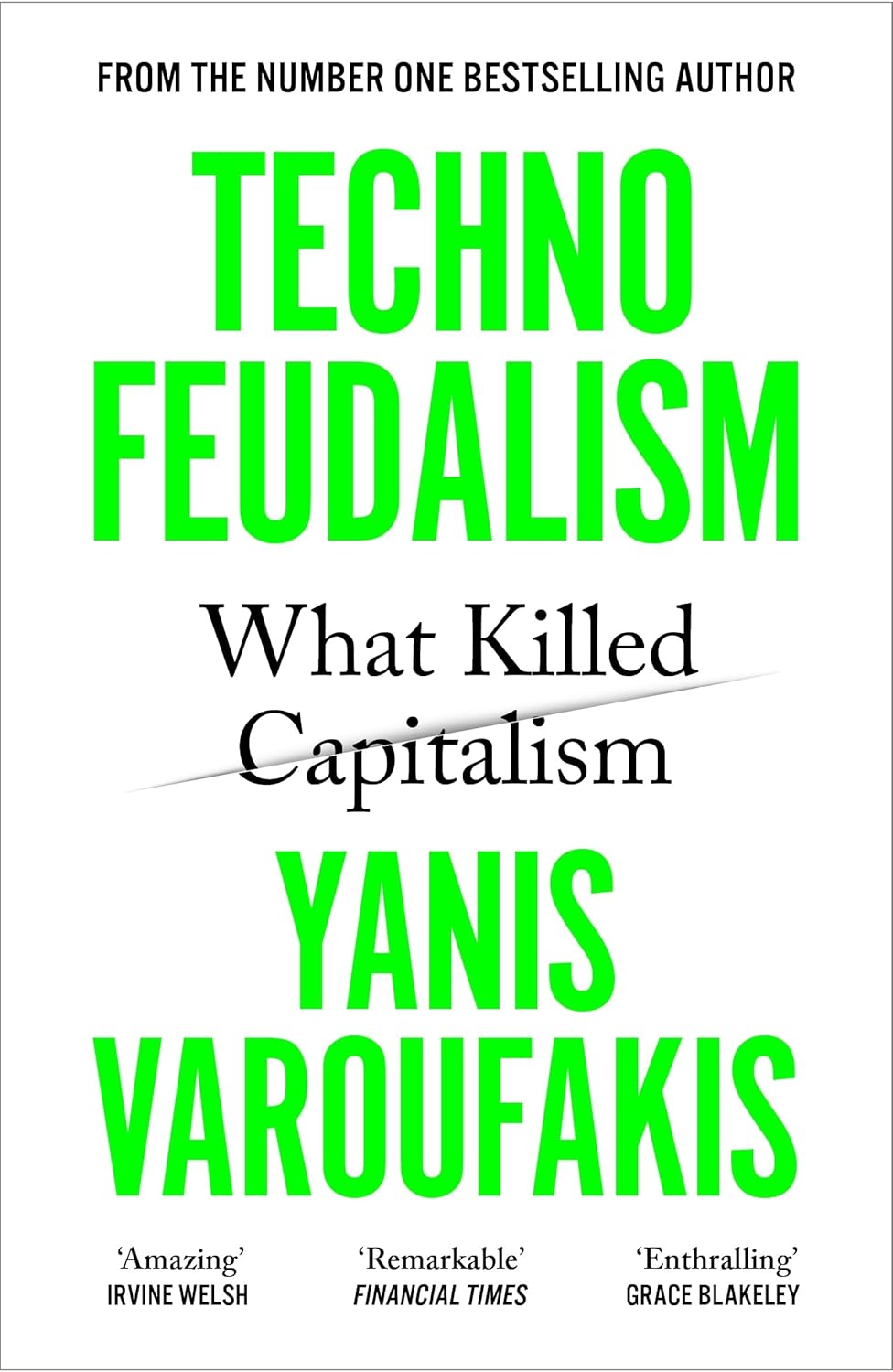 Book cover of 'Techno Feudalism' by Yanis Varoufakis with green and black text on a white background.