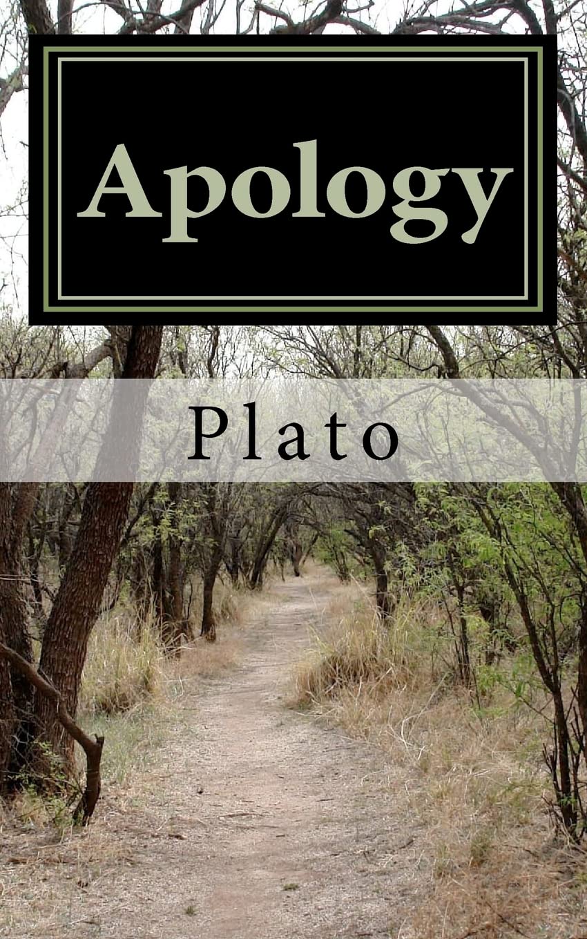 Pathway through a forest with 'Apology' by Plato.