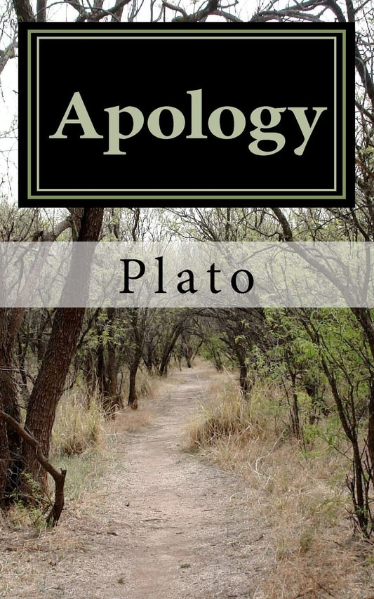 Pathway through a forest with 'Apology' by Plato.