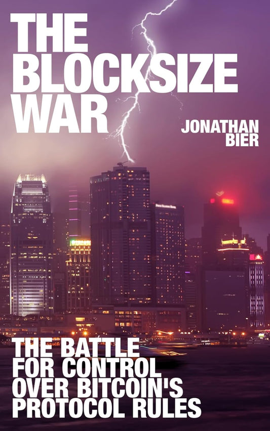Book cover of 'The Blocksize War' with a cityscape and lightning bolt.