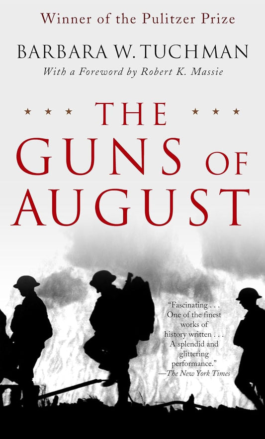 Book cover of 'The Guns of August' with silhouettes of soldiers and text about the Pulitzer Prize.