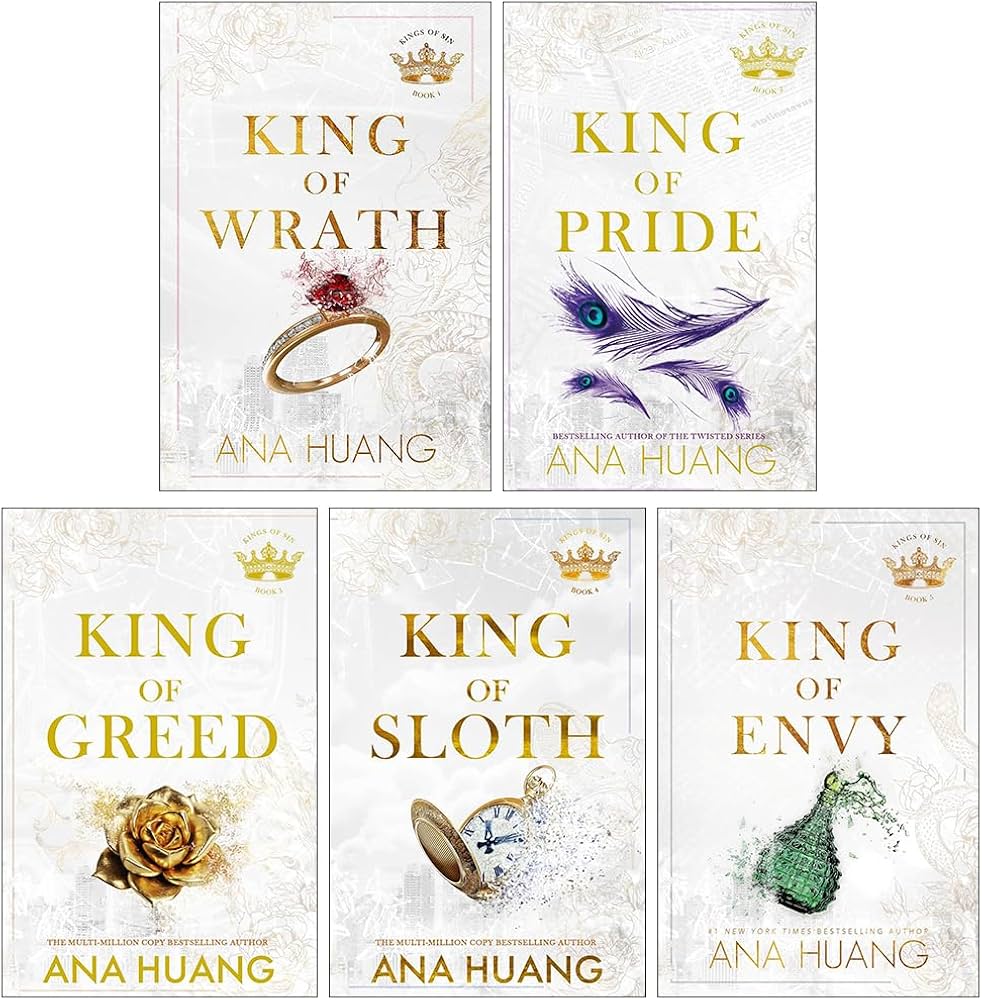 Book covers from Ana Huang’s King of Sin series, a contemporary romance collection including King of Wrath, King of Pride, King of Greed, King of Sloth, and King of Spite.