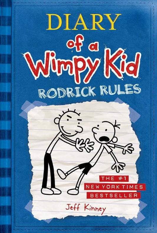 Book cover of 'Diary of a Wimpy Kid: Rodrick Rules' by Jeff Kinney with blue background and cartoon illustration.